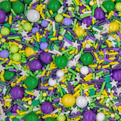 Sweets & Treats Boutique Mardi Gras sprinkles brighten cakes with vibrant color for festive decorating.