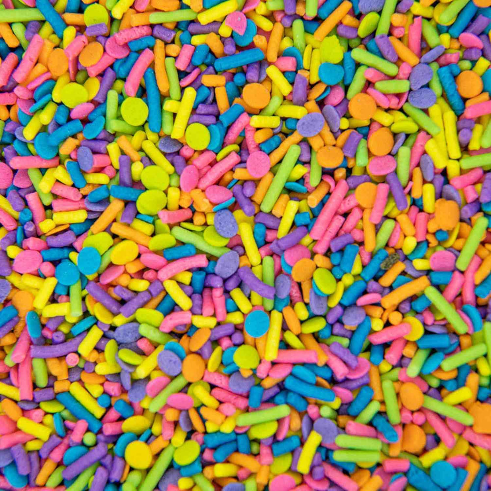 Sweets & Treats Boutique neon confetti sprinkles brighten cupcakes with bold color.