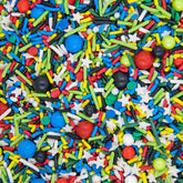 Sweets & Treats Boutique superhero sprinkles container adds vibrant color to cakes and cupcakes.