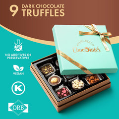 SWEETSIDE CANDY CO vegan dark chocolate truffles box open, reveals nine premium pieces.
