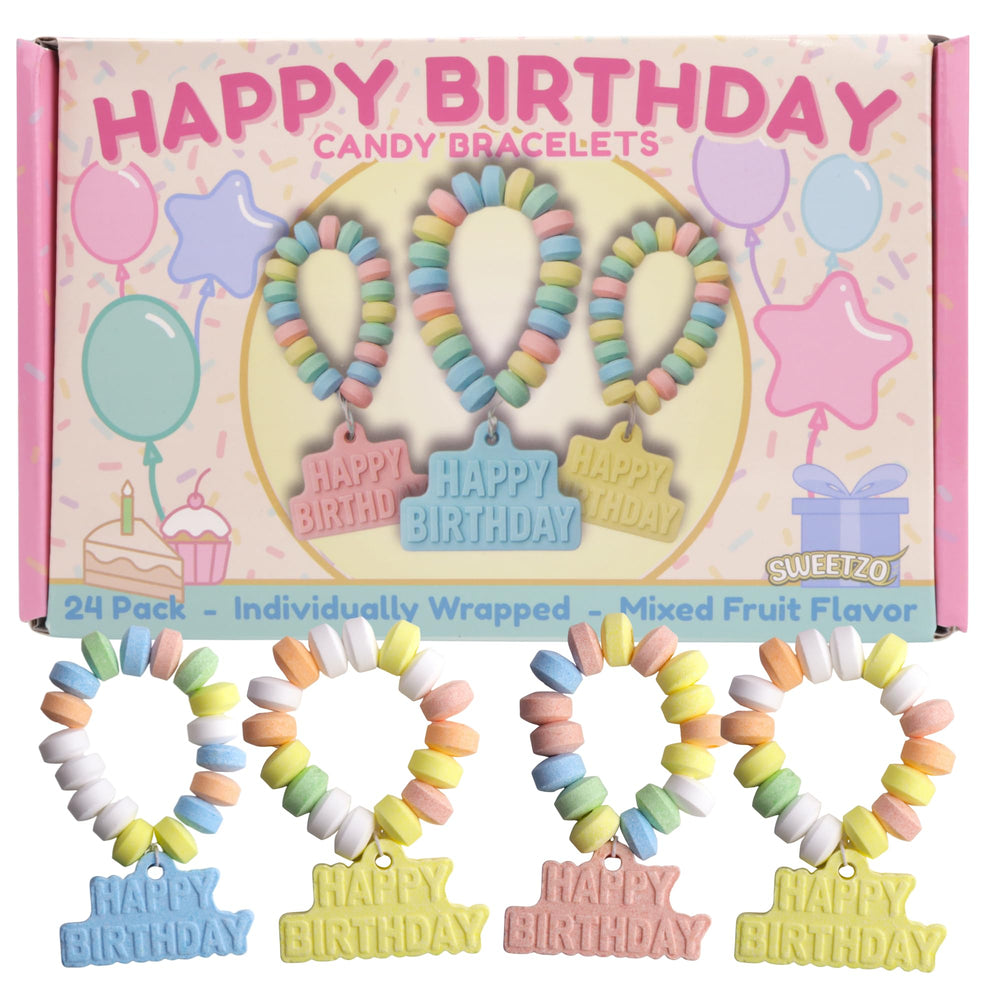 Sweetzo Happy Birthday candy bracelets pack showing festive edible jewelry for party favors.