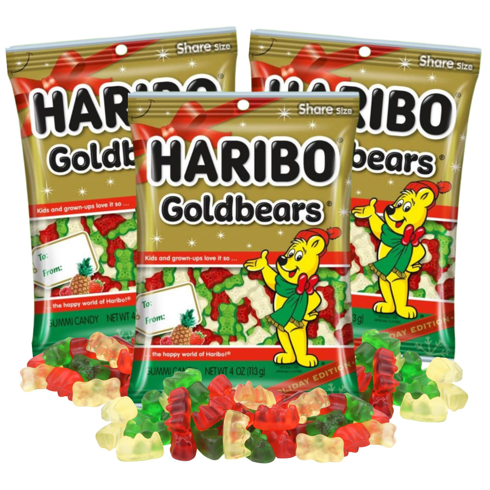 Sweetzo Haribo Christmas Goldbears 3-pack on festive holiday table.