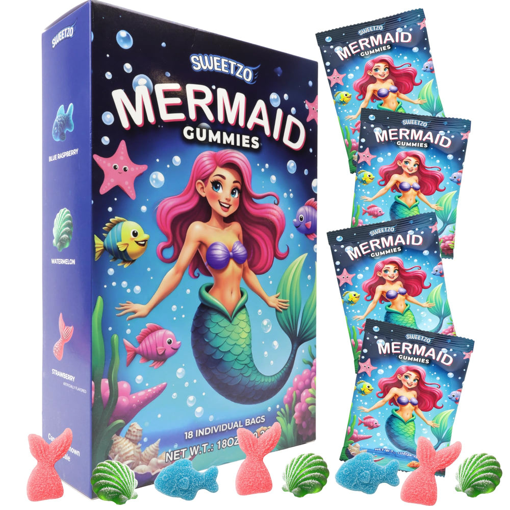 Sweetzo Mermaid Gummy tails; festive shapes for party favors and vibrant treats.