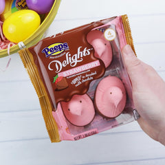 Sweetzo Peeps strawberry chick close-up showing glossy milk chocolate bottom with appealing texture.