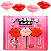 Sweetzo Pucker Lips Lollipops box with 24 lip-shaped suckers, ready for gifting.