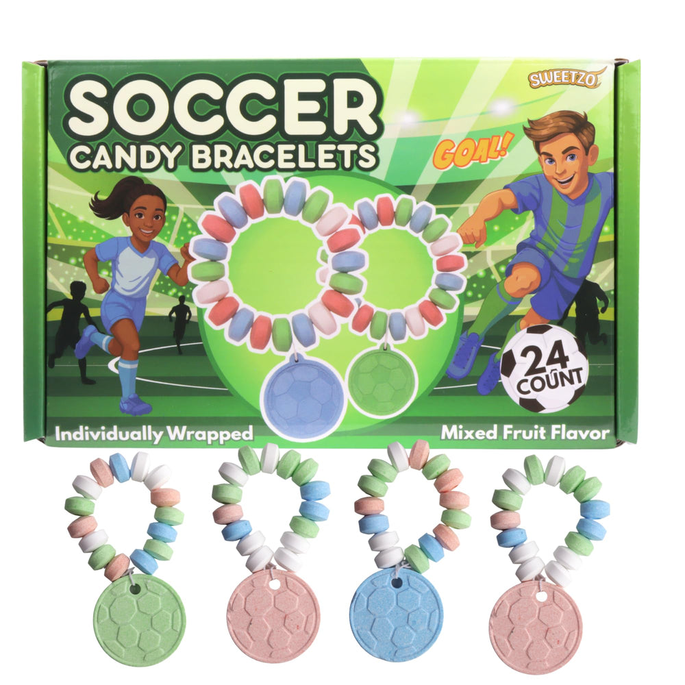 Sweetzo Soccer Candy Bracelets pack with colorful bracelets and soccer-themed charms.