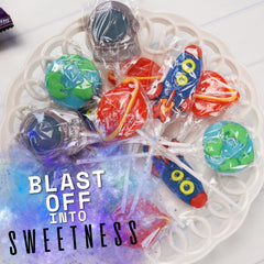 Sweetzo Space Lollipops Earth design, colorful treats for party tables.