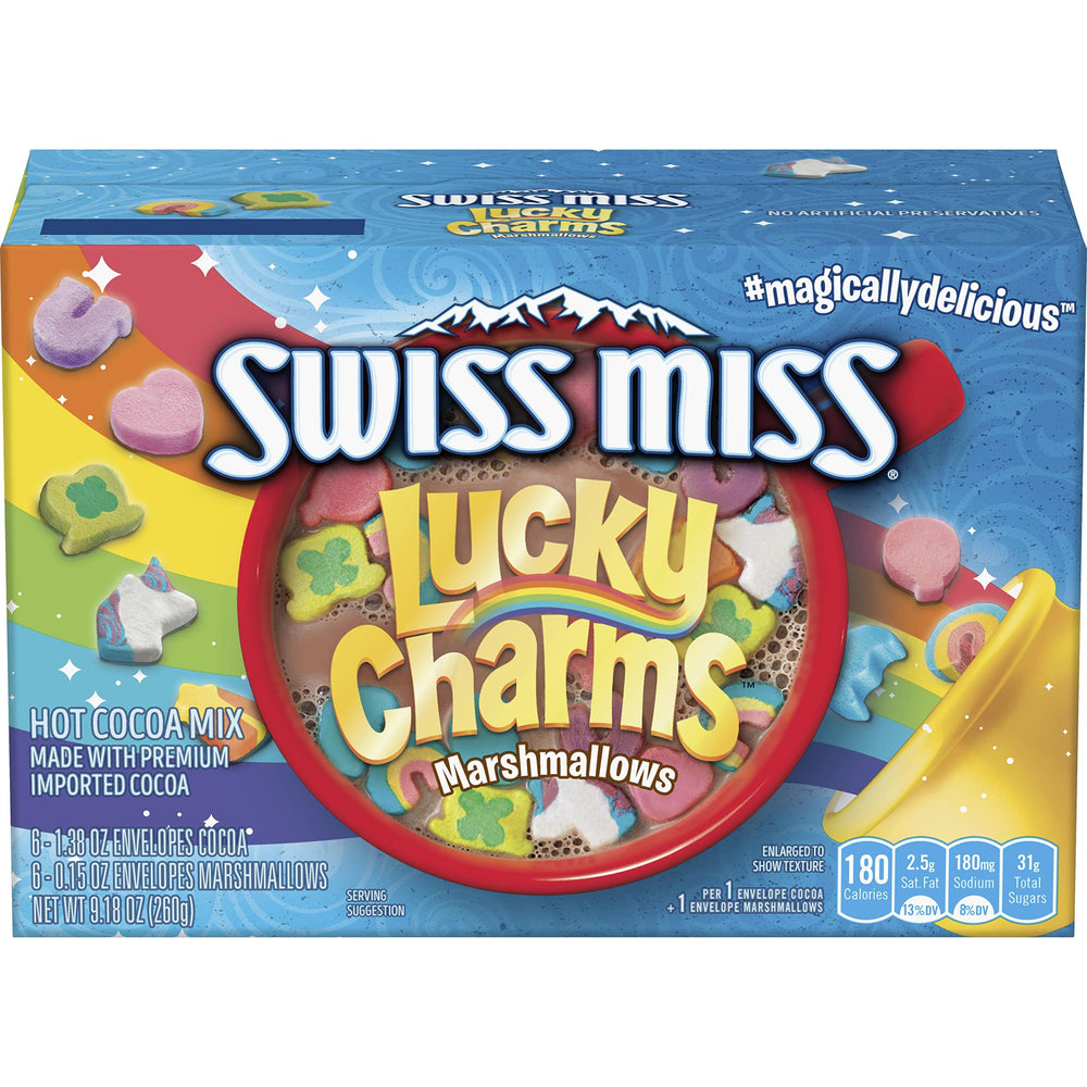 Swiss Miss hot cocoa box front, ideal for cozy winter mornings.