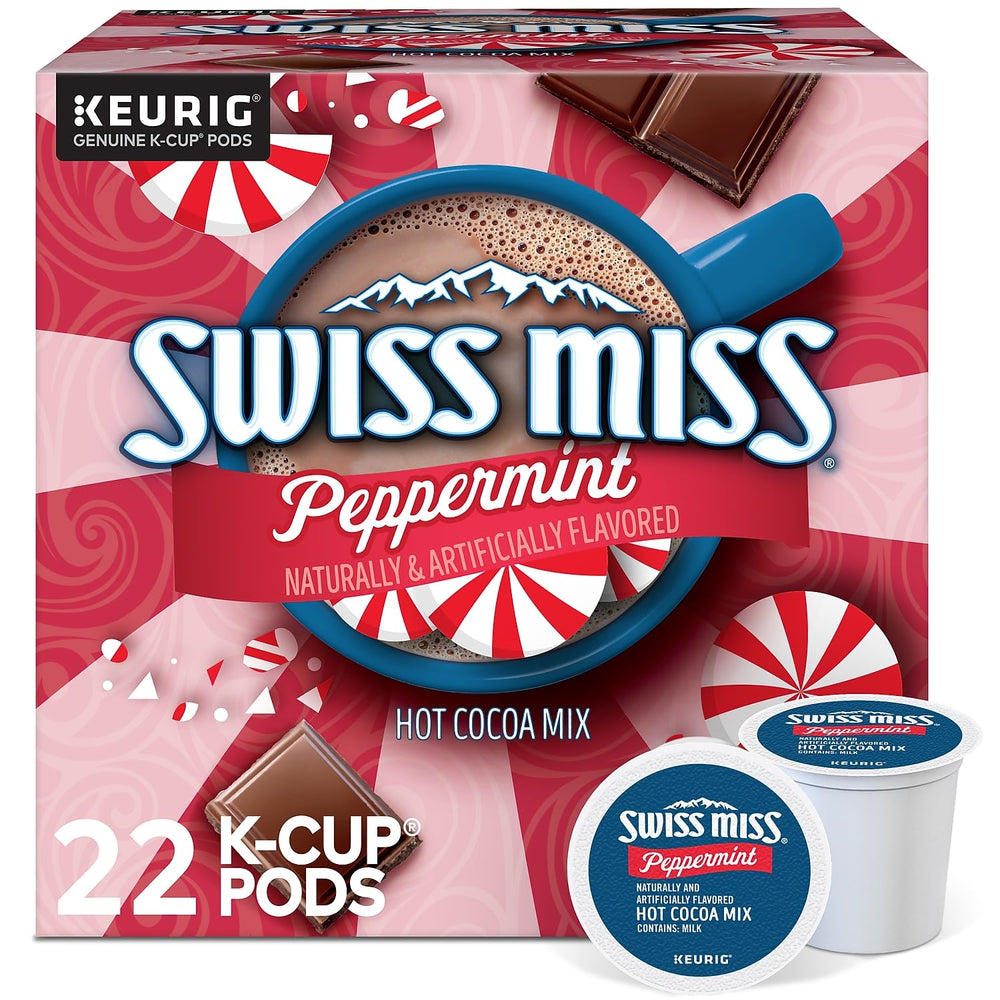 Swiss Miss peppermint hot cocoa K-Cup box front, quick cozy treat.