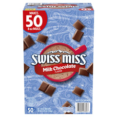 Swiss Miss cocoa packets with steaming cup for quick, cozy moments