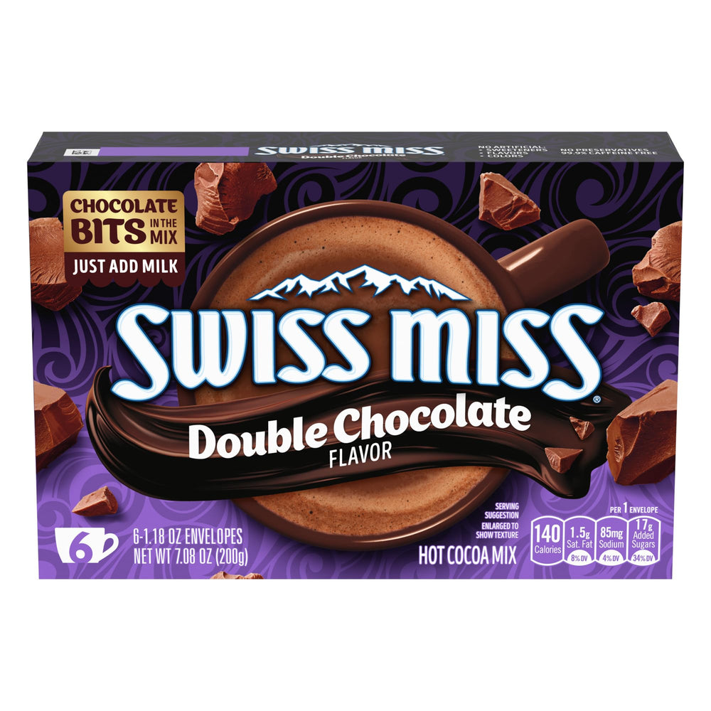 Swiss Miss double chocolate flavor envelopes close-up, quick and creamy cocoa for busy evenings.