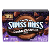 Swiss Miss double chocolate flavor envelopes close-up, quick and creamy cocoa for busy evenings.