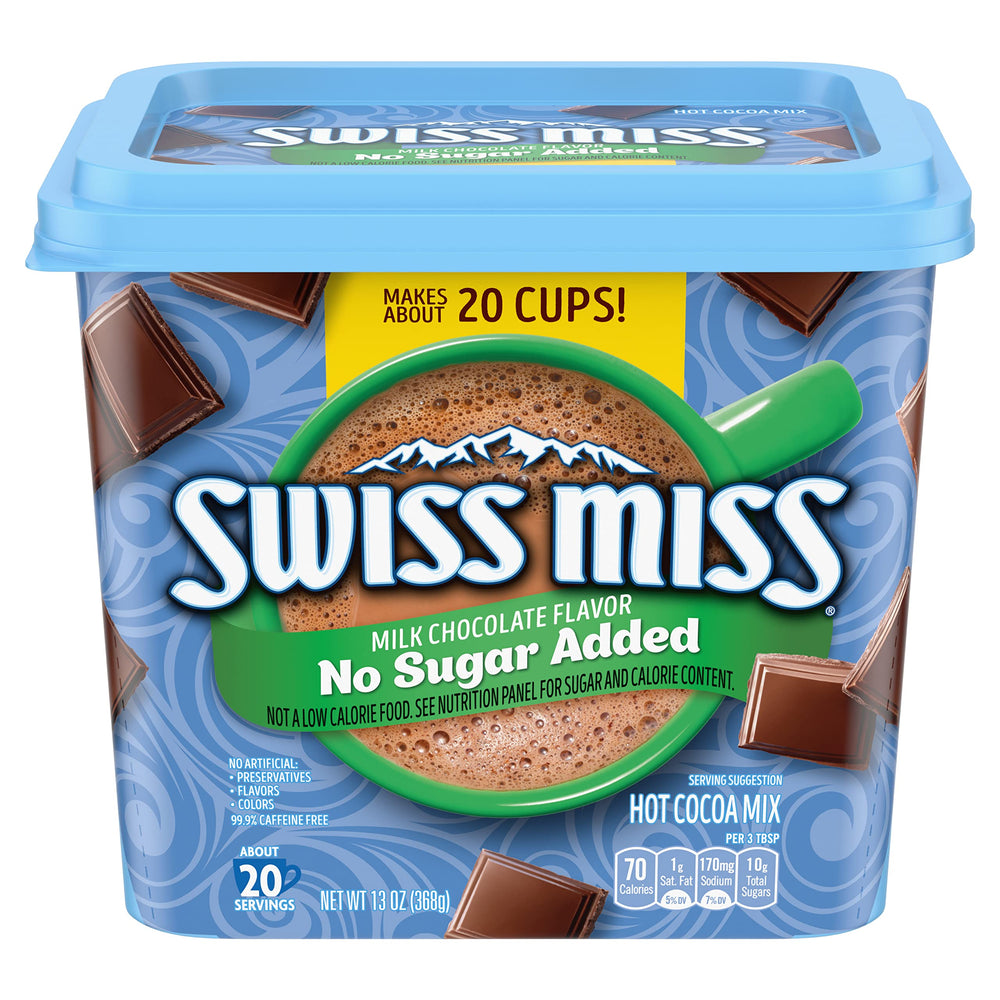Swiss Miss hot cocoa canister front view shows no sugar added chocolate indulgence.