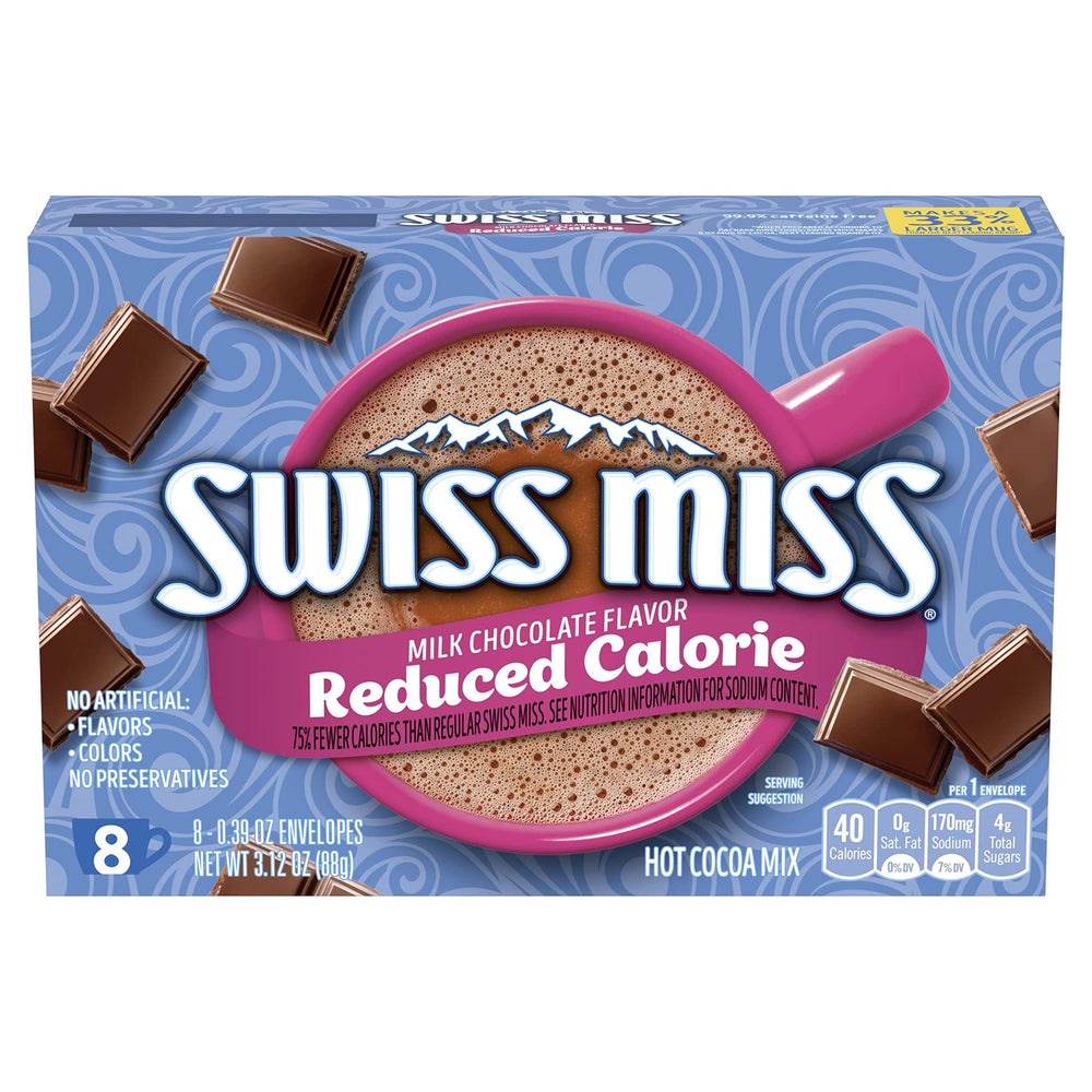Swiss Miss reduced-calorie hot cocoa boxes show convenient single-serve envelopes for quick warmth