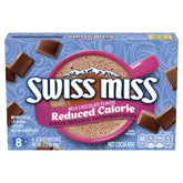 Swiss Miss reduced-calorie hot cocoa boxes show convenient single-serve envelopes for quick warmth