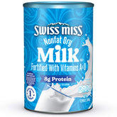 Swiss Miss nonfat dry milk canister viewed from top, fortified with vitamins A and D for everyday use.