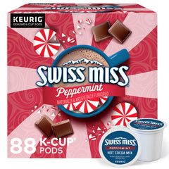 Swiss Miss Peppermint Hot Cocoa pod packaging emphasizes recyclable pods for quick disposal.