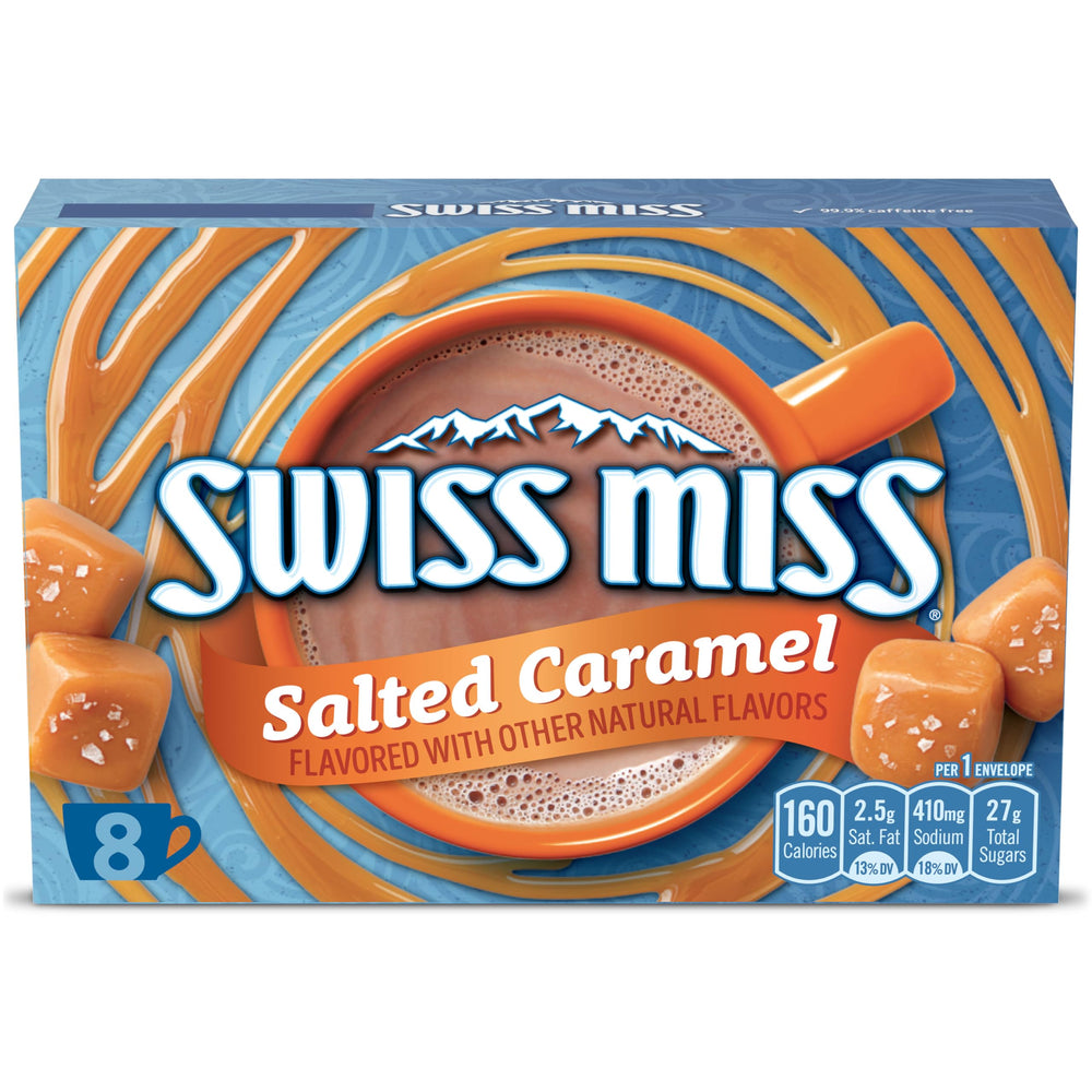 Swiss Miss Salted Caramel hot cocoa mix box on a kitchen counter ready for cozy mornings