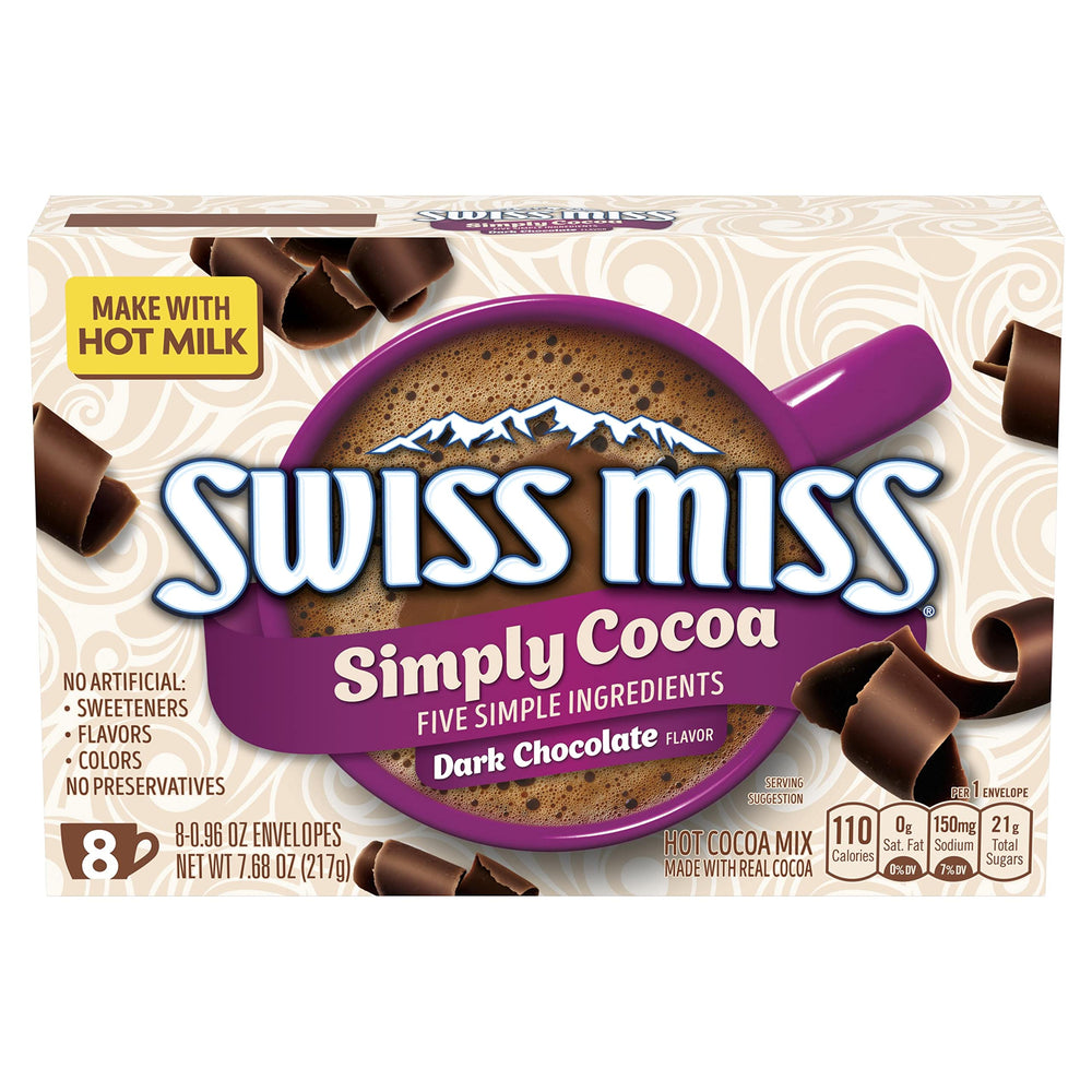 Swiss Miss Simply Cocoa packaging closeup for quick comfort.