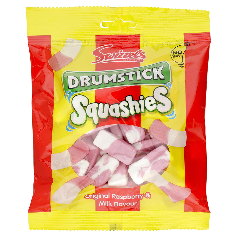 Swizzels Drumstick Squashies raspberry-milk pack front view, nostalgic snacking for all ages.