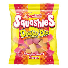Swizzels Squashies Double Dip orange-cherry pack back view with nutritional details.