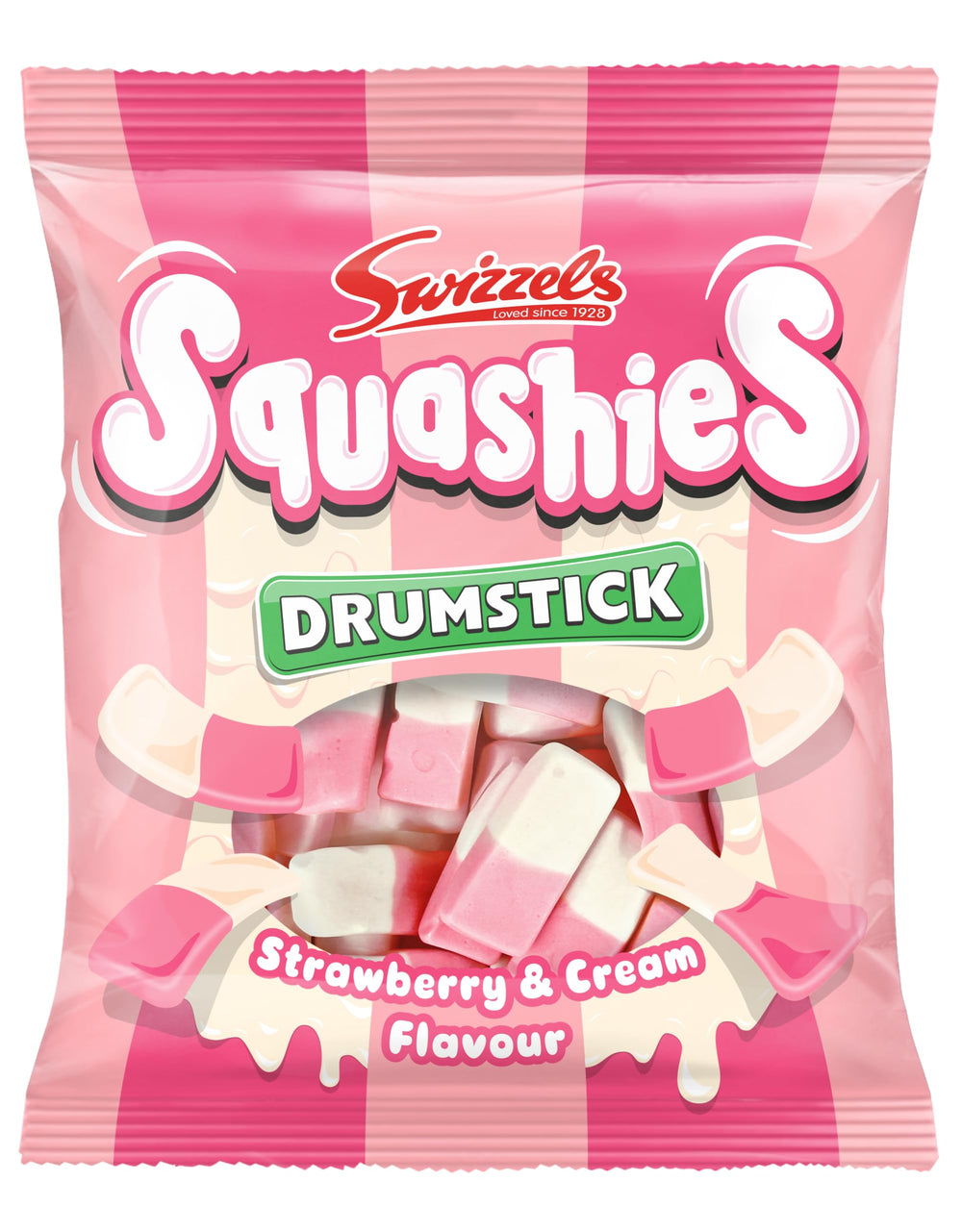 Swizzels Squashies Strawberry & Cream front view, two-tone candies ready to share