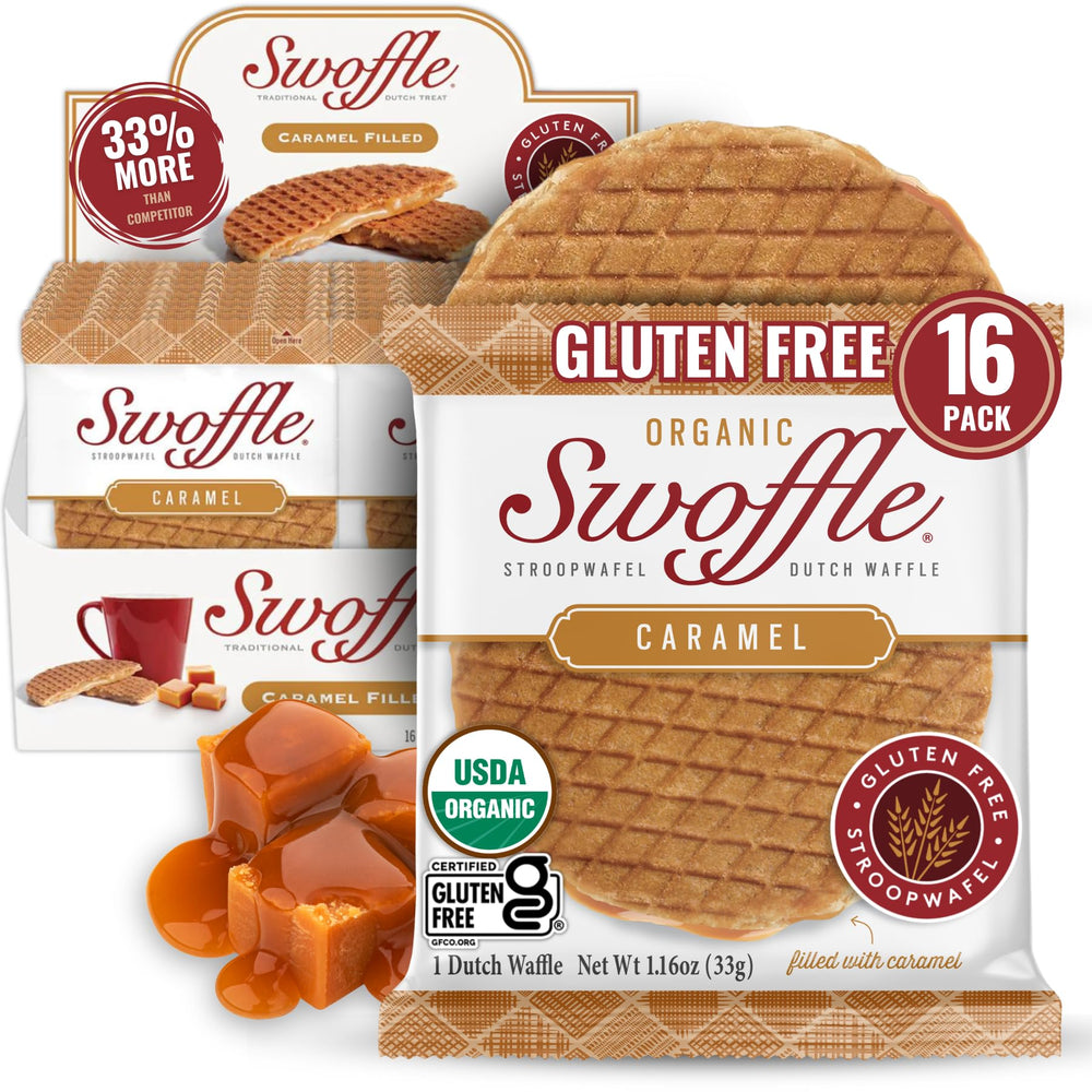 Swoffle caramel-filled stroopwafel with caramel center, ideal for coffee pairing