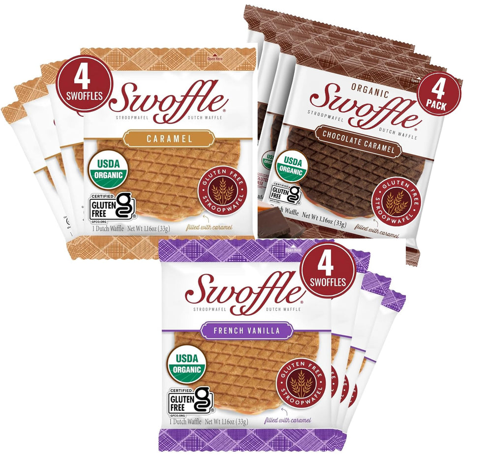 Swoffle gluten-free caramel-filled stroopwafels, individually wrapped for on-the-go snacking.