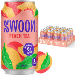 Swoon Peach Tea bottle pour shows sugar-free, low-calorie refreshment.