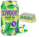 Swoon Perfectly Sweet Green Tea bottle pour highlights zero sugar and light caffeine