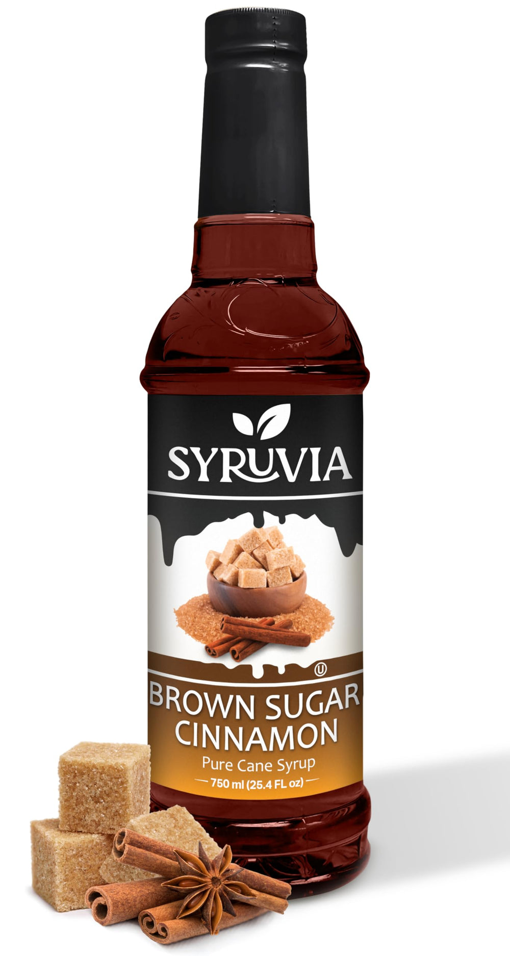 SYRUVIA Brown Sugar Cinnamon Syrup bottle highlights premium flavor for drinks.