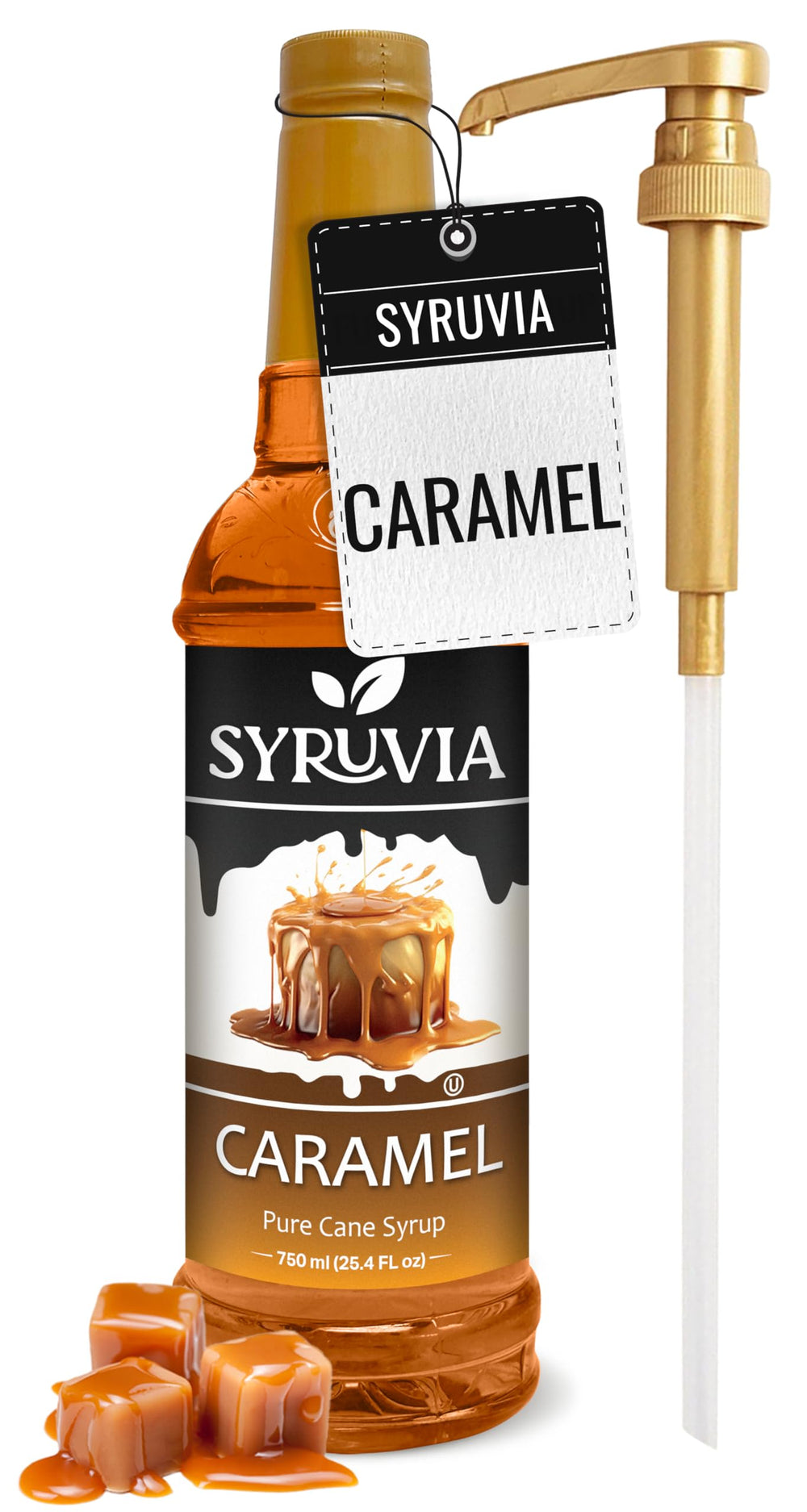 Syruvia Caramel Coffee Syrup bottle pump enables quick, mess-free flavoring.