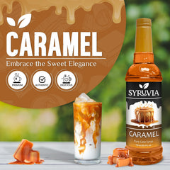 Pour close-up of Syruvia Caramel Syrup highlights smooth drizzle over latte.