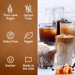 Latte art with caramel from Syruvia syrup adds creamy finish.
