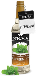 Syruvia Peppermint Syrup bottle front shows refreshing mint flavor for drinks.