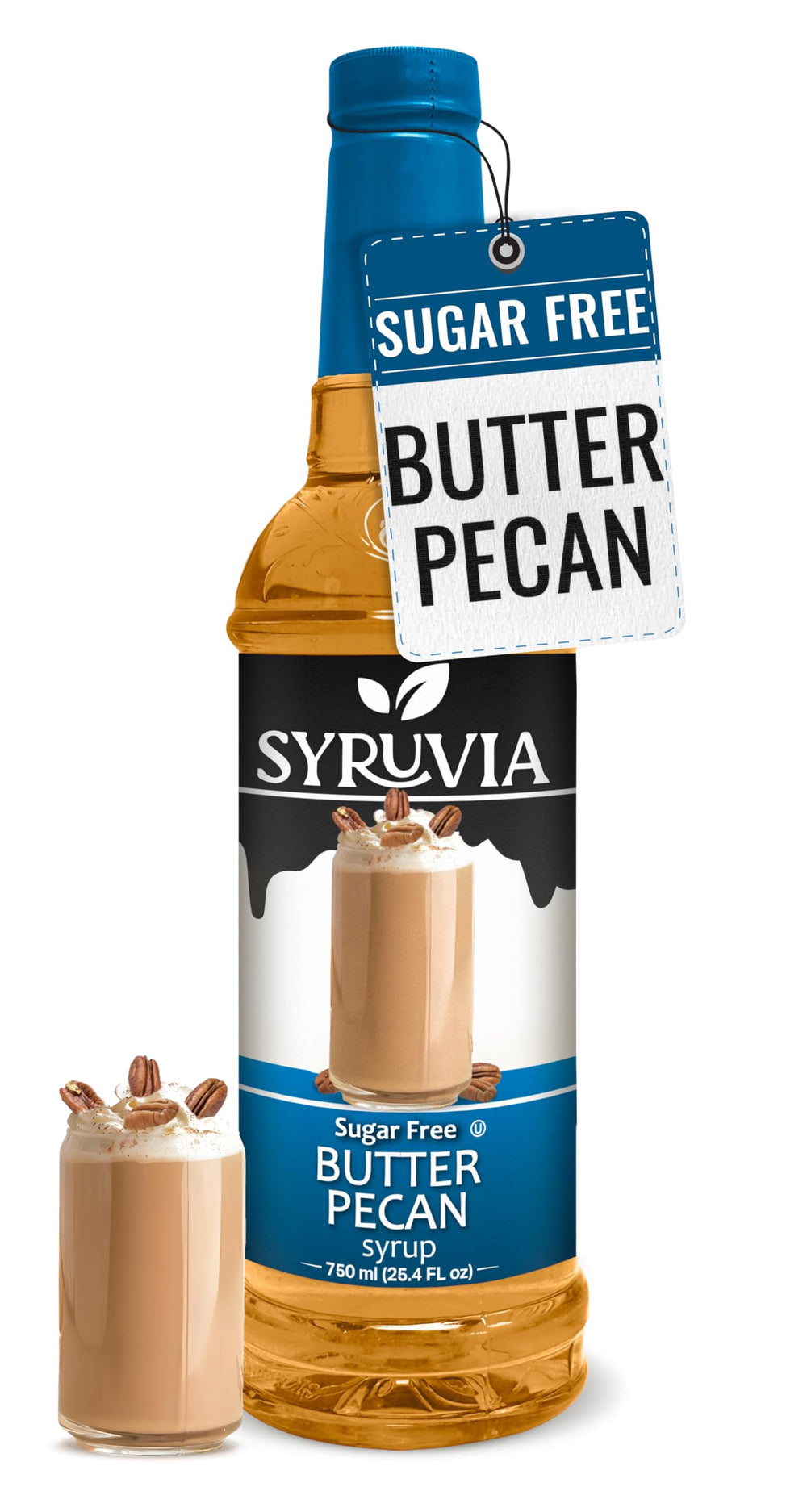 SYRUVIA Sugar Free Butter Pecan Syrup bottle showing rich, guilt-free flavor for coffee and desserts.