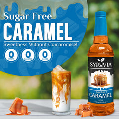 SYRUVIA Sugar Free Caramel Syrup bottle over coffee for a rich caramel touch.