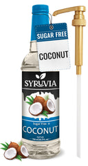 SYRUVIA Sugar Free Coconut Syrup bottle pouring into a latte for a creamy coffee boost