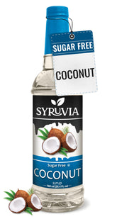 SYRUVIA sugar-free coconut syrup bottle shows tropical flavor without sugar