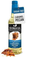 SYRUVIA Sugar Free Caramel Pecan syrup bottle enhances coffee flavor without calories.