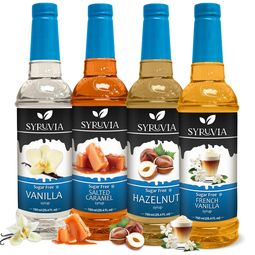 SYRUVIA sugar-free coffee syrup French vanilla bottle on kitchen counter for rich flavor without sugar.