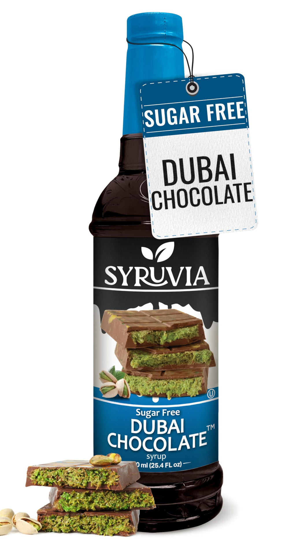 SYRUVIA Sugar Free Dubai Chocolate Syrup bottle on kitchen shelf for rich flavor