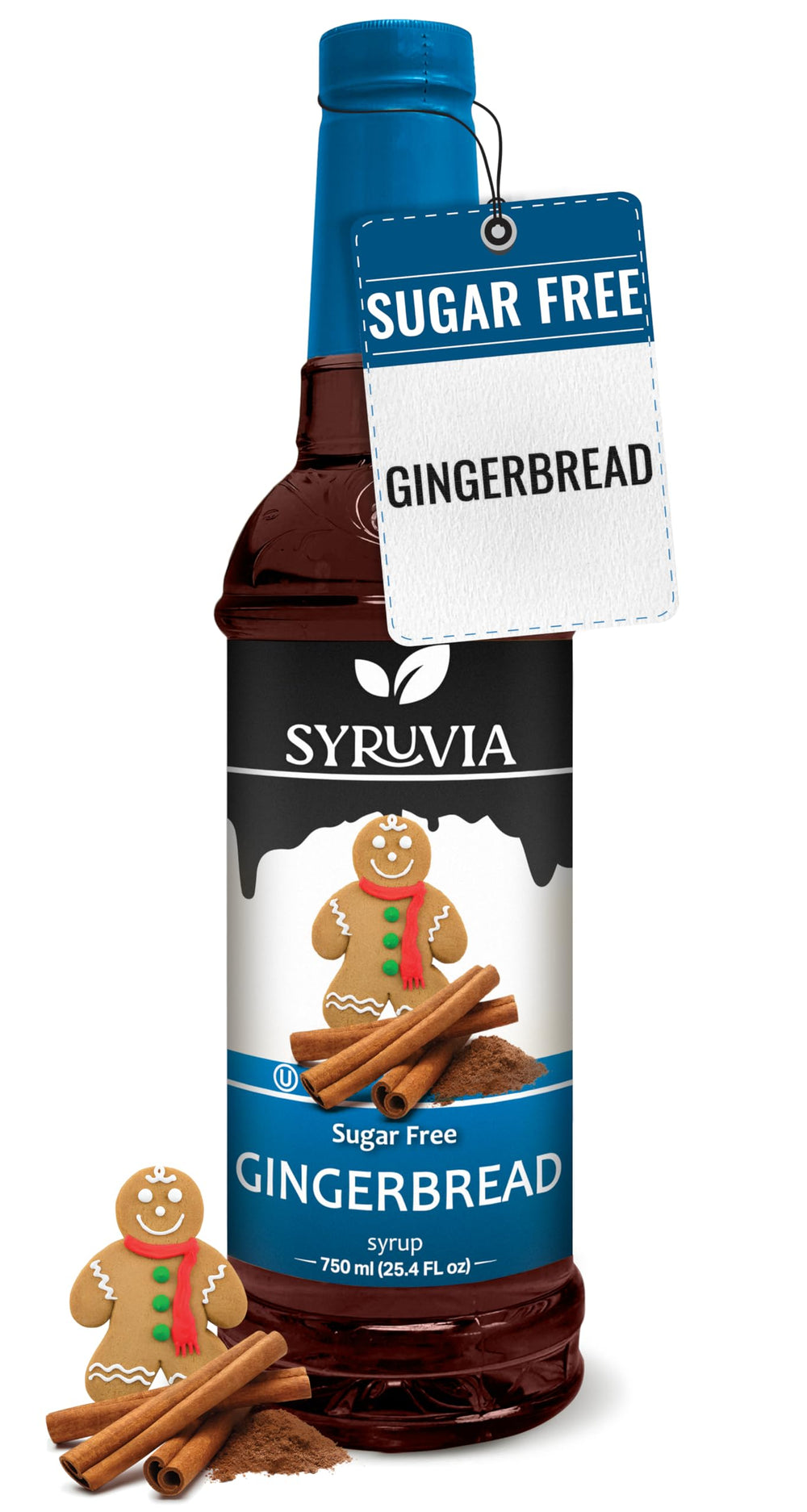SYRUVIA Sugar Free Gingerbread Syrup bottle on counter highlighting festive flavor for coffees