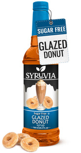SYRUVIA sugar-free glazed donut syrup bottle highlighting guilt-free flavor and aroma.