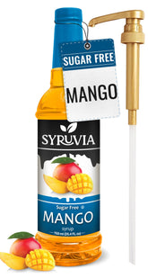 SYRUVIA Sugar-Free Mango Syrup bottle pour for refreshing sugar-free drinks.