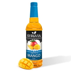SYRUVIA sugar-free mango syrup bottle for bold beverages and desserts.