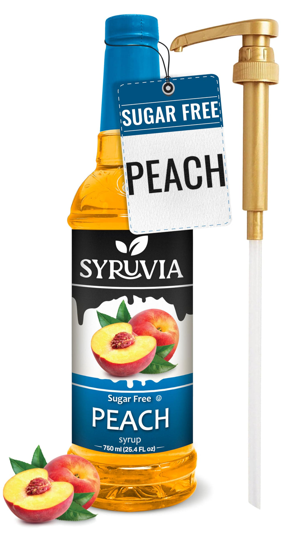 SYRUVIA sugar-free peach syrup bottle delivers peach flavor without calories.
