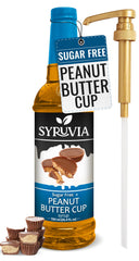 SYRUVIA Sugar Free Peanut Butter Cup Syrup bottle for guilt-free coffee and desserts.