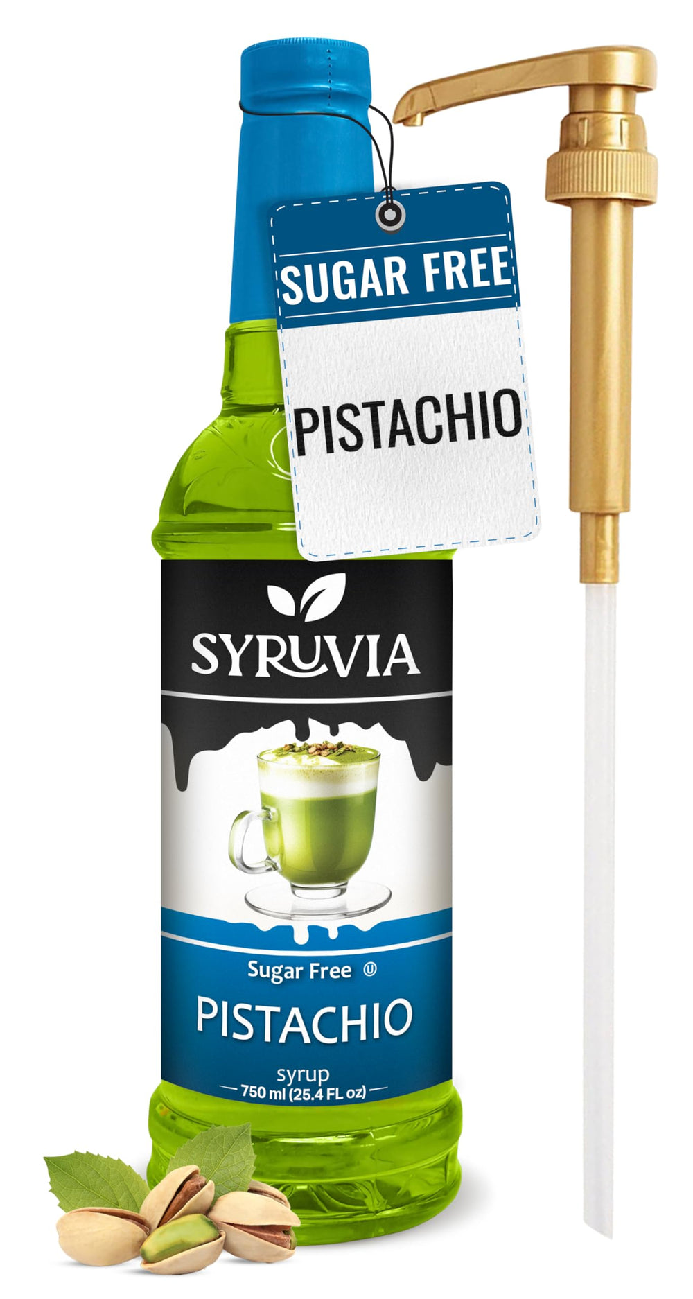 SYRUVIA Sugar-Free Pistachio Syrup bottle showing rich flavor and zero calories