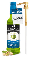 SYRUVIA Sugar-Free Pistachio Syrup bottle showing rich flavor and zero calories
